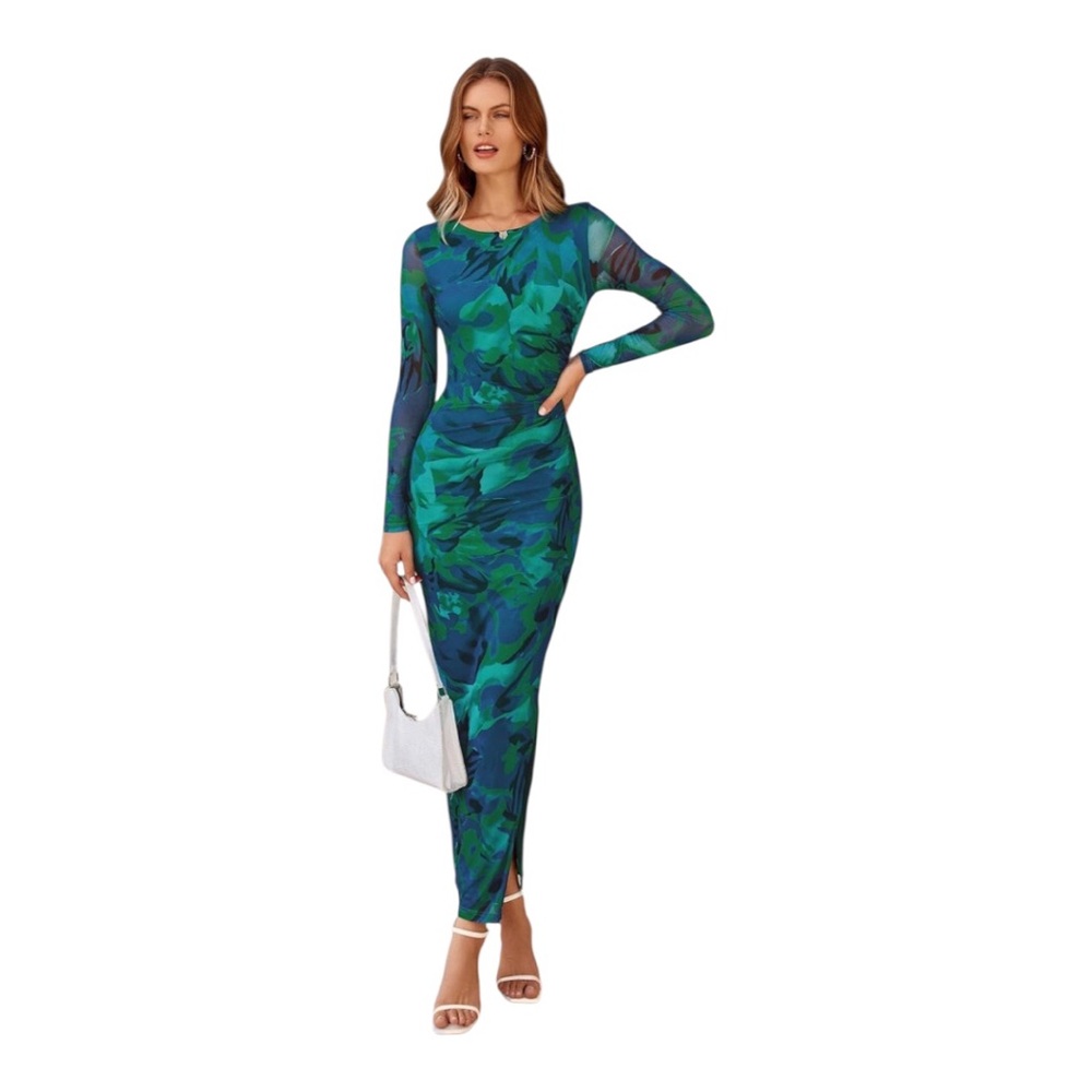 Green and Blue Long Sleeve Bodycon Dress for Night Out